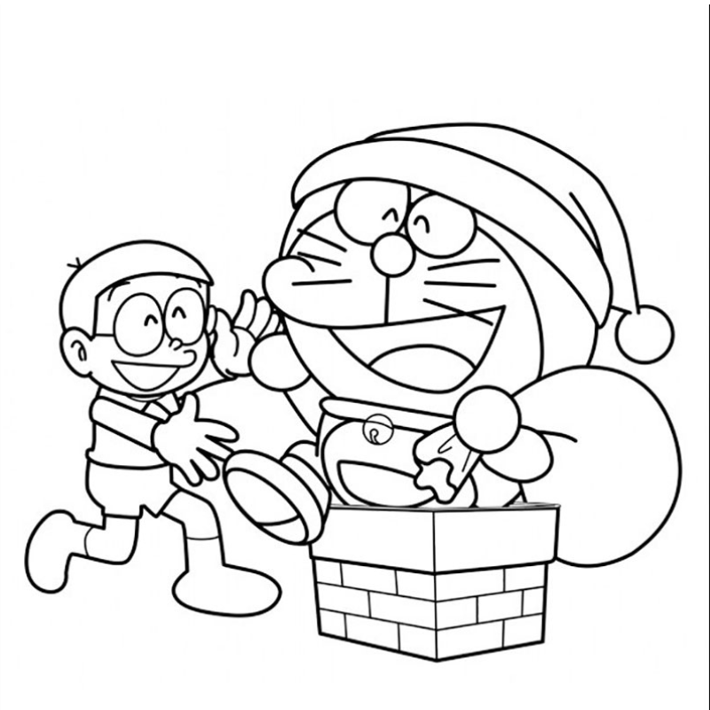 Doremon và Nobita tô màu trong ngày tết cổ truyền