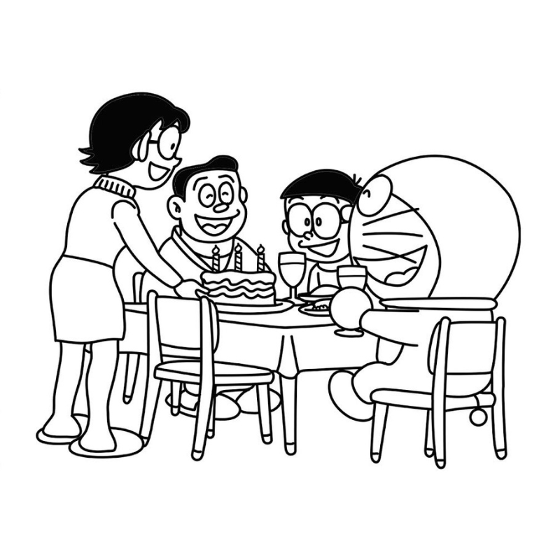 Gia đình Nobita quây quần bên nhau trong tranh tô màu